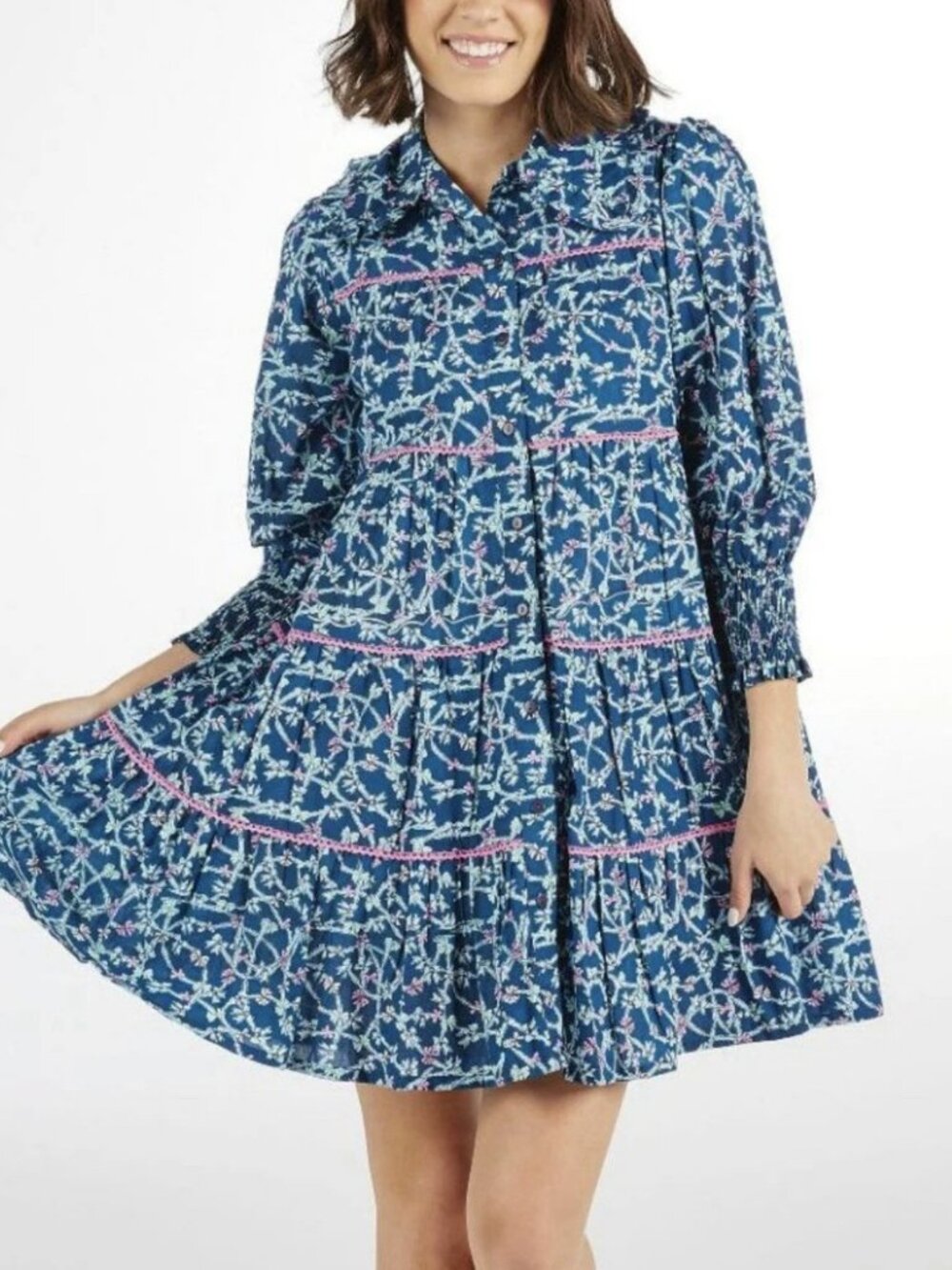 Simply Southern Floral Tiered Mini Dress Smocked Cuffs Button Front NWT Large